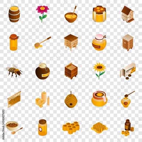 Honey icon set. Isometric set of honey vector icons for web design