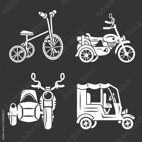 Tricycle icon set. Simple set of tricycle vector icons for web design on gray background