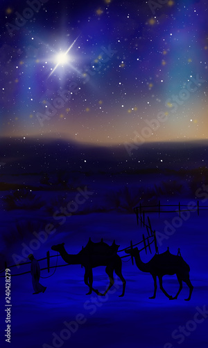 Night in the desert  a bright star in the sky  a camel caravan. Eastern night landscape.