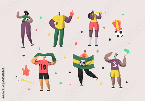 Football Brazil Fan Character Set Illustration. Happy Friend Team Celebrate Brazilian Soccer National Victory. Man Woman Crowd Hold Flag, Scarf Isolated Background Flat Cartoon Vector Collection