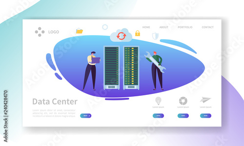 Data Center Server Repair Landing Page. Technician Character Support Professional Storage with Laptop. Database Hosting Hardware Infrastructure Website or Web Page. Flat Vector Illustration