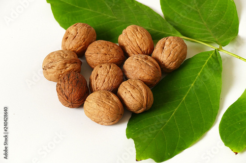 dry shelled walnut and green walnut leaves  on White background