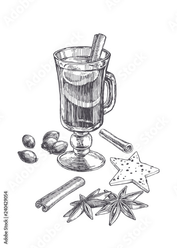 Vector vintage illustration of mulled wine in wineglass with ingredients isolated on white. Hand drawn sketch of drink, spices and berries set for recipe.