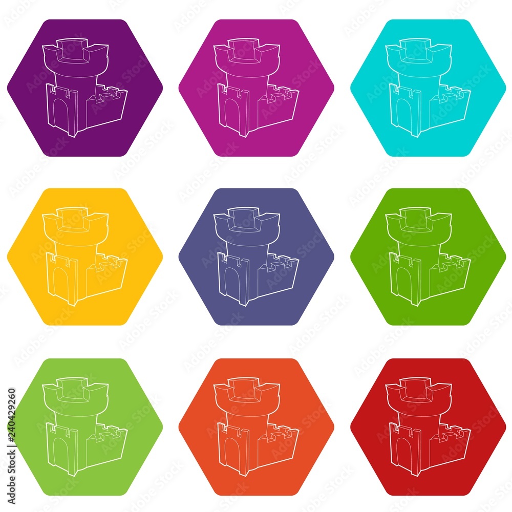 Castle tower icons 9 set coloful isolated on white for web Castle tower icons 9 set coloful isolated on white for web