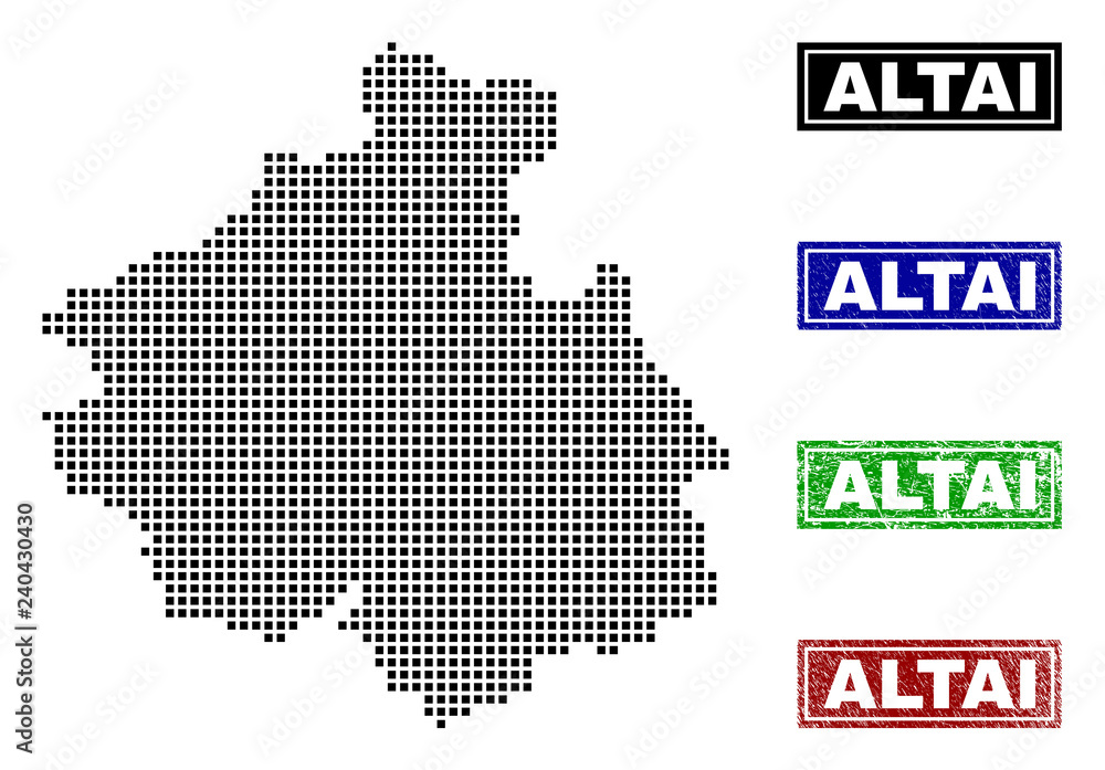 Vector dot abstract Altai Republic map and isolated clean black, grunge red, blue, green stamp seals. Altai Republic map caption inside draft framed rectangles and with grunge rubber texture.