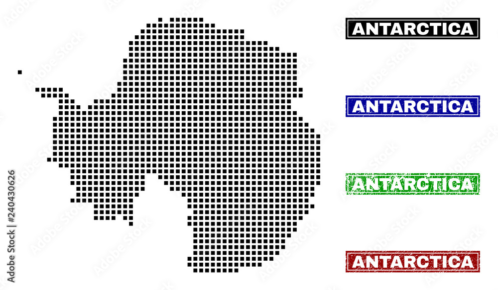 Dot vector abstracted Antarctica continent map and isolated clean black, grunge red, blue, green stamp seals.