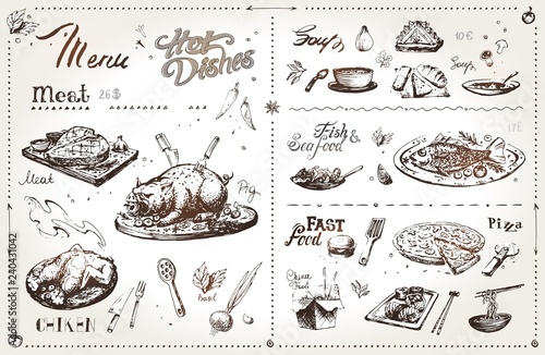 Hand drawn meat dishes for menu design. Vector