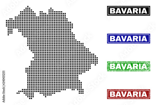 Dot vector abstract Bavaria Land map and isolated clean black, grunge red, blue, green stamp seals. Bavaria Land map tag inside draft framed rectangles and with grunge rubber texture.