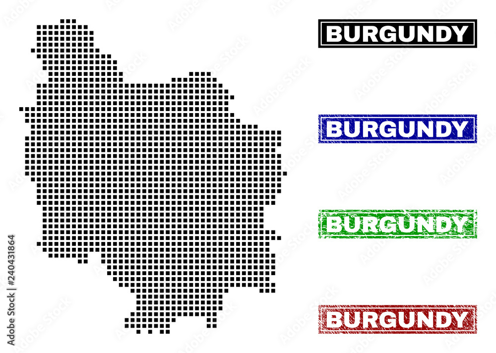 Vector dot abstract Burgundy Province map and isolated clean black, grunge red, blue, green stamp seals. Burgundy Province map tag inside rough framed rectangles and with grunge rubber texture.