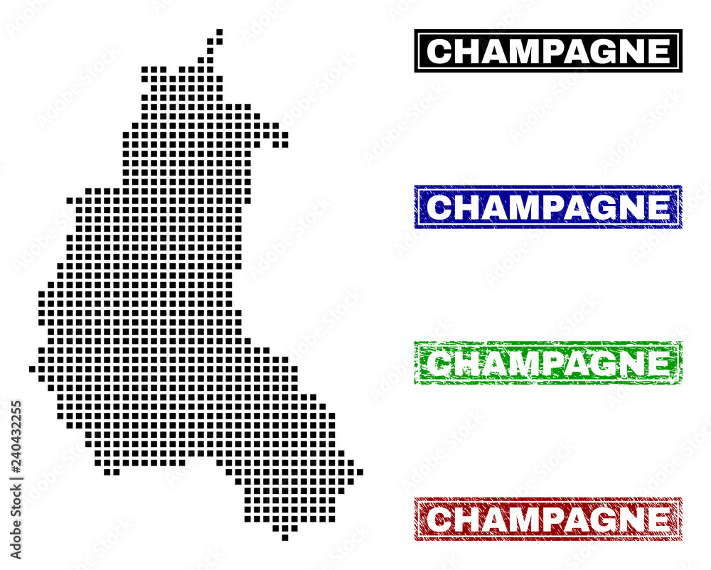 Vector dot abstract Champagne Province map and isolated clean black, grunge red, blue, green stamp seals. Champagne Province map label inside rough framed rectangles and with grunge rubber texture.