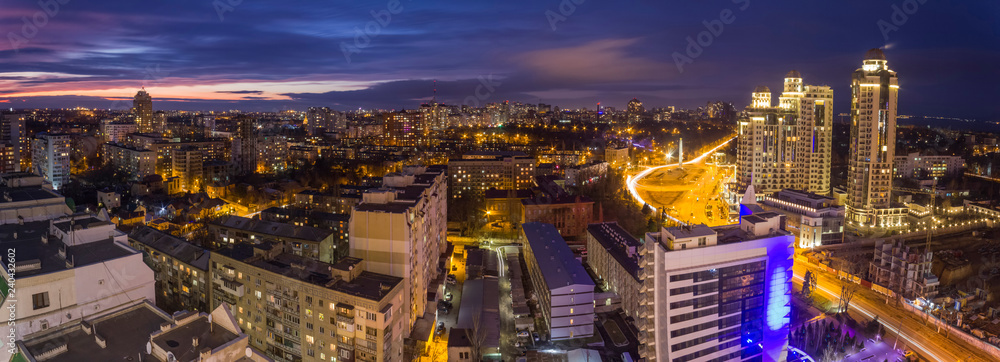 From above night view of Odessa city burning with lights in night time, Ukraine.