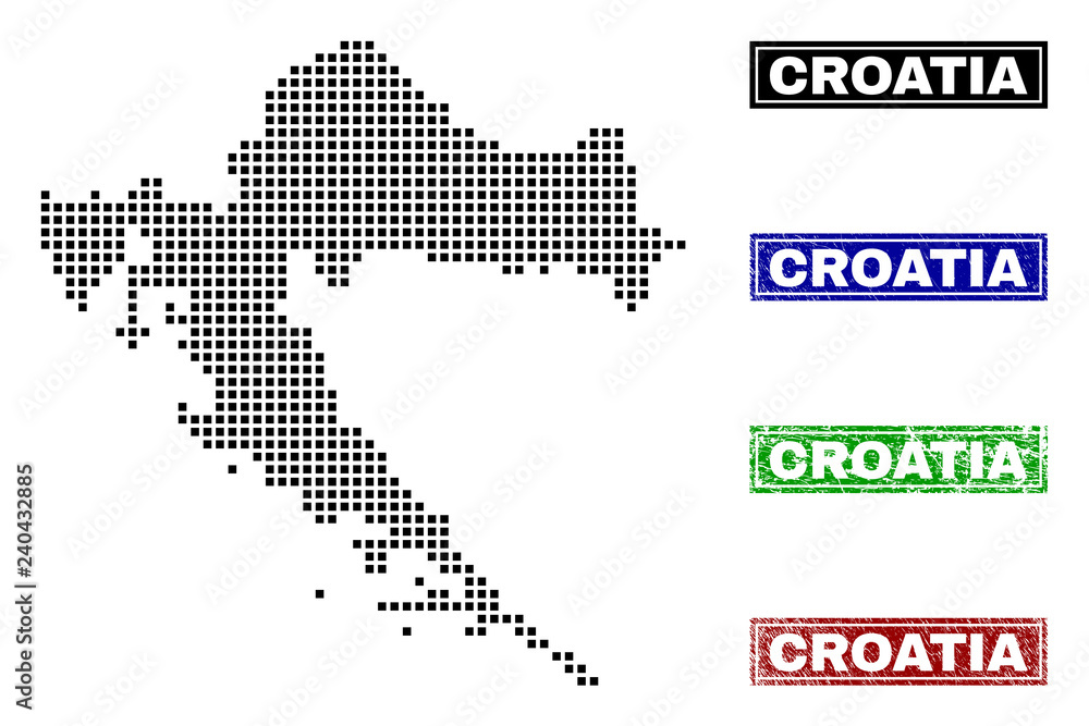 Dot vector abstracted Croatia map and isolated clean black, grunge red, blue, green stamp seals. Croatia map label inside rough framed rectangles and with grunge rubber texture.