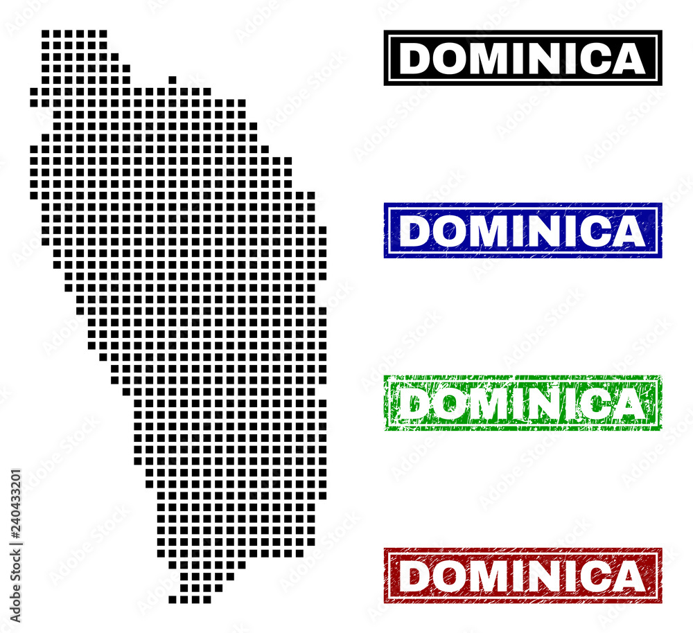 Vector dot abstract Dominica Island map and isolated clean black, grunge red, blue, green stamp seals. Dominica Island map tag inside draft framed rectangles and with unclean rubber texture.