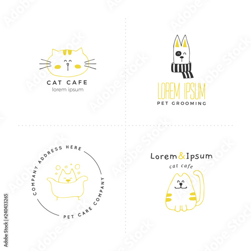 Set of vector hand drawn icons, domestic animals. Logo templates for pets related business.