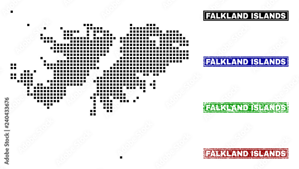 Vector dot abstract Falkland Islands map and isolated clean black, grunge red, blue, green stamp seals. Falkland Islands map title inside rough framed rectangles and with retro rubber texture.