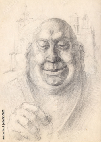 The face of a Buddhist monk in a state of spiritual bliss. Graphic pencil portrait. The head of a man painted with graphite on paper. Academic tonal drawing.