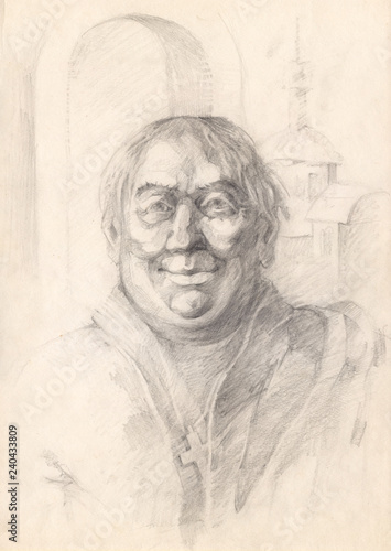 The face of a Catholic monk who is very pleased with himself and his life. Graphic pencil portrait. The head of a man painted with graphite on paper. Academic tonal drawing.
