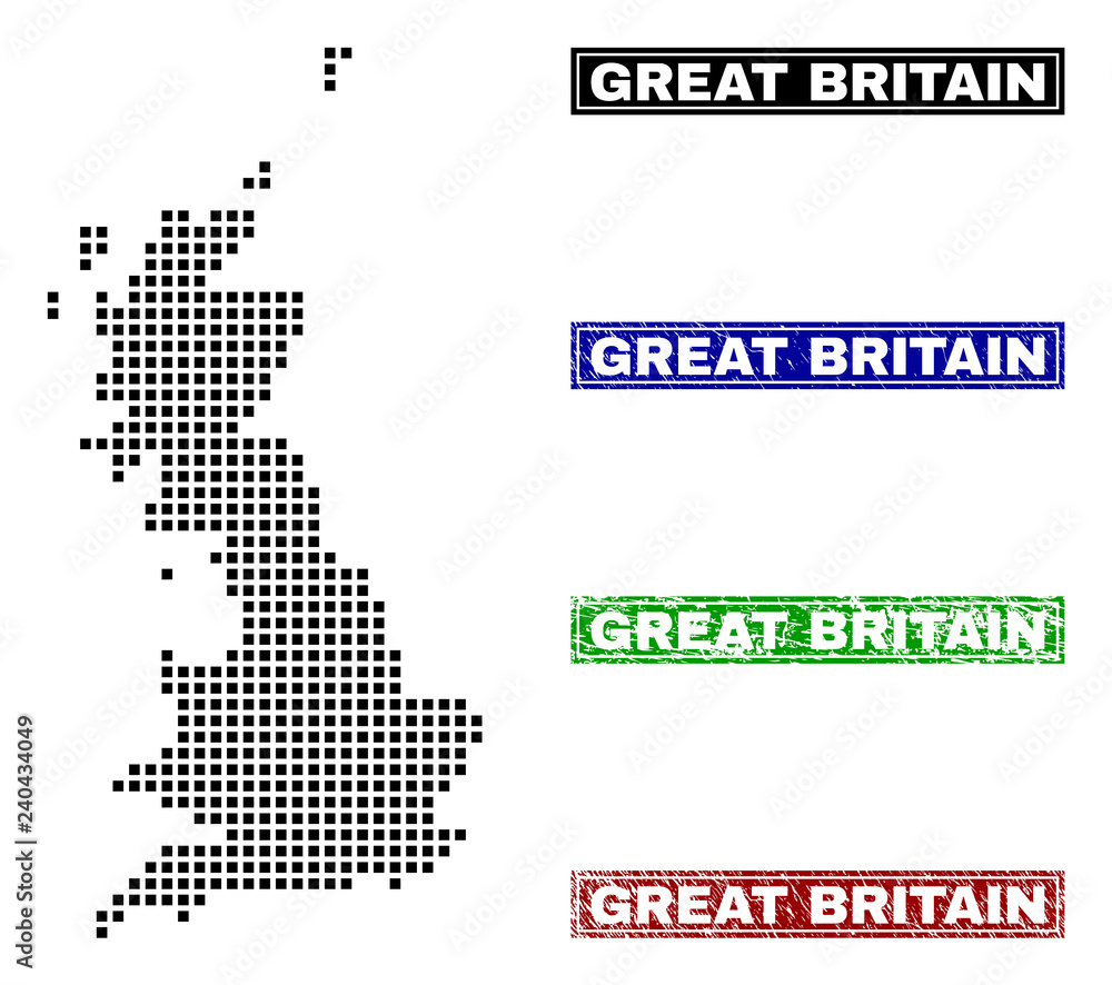 Dot vector abstract Great Britain map and isolated clean black, grunge red, blue, green stamp seals. Great Britain map name inside draft framed rectangles and with distress rubber texture.