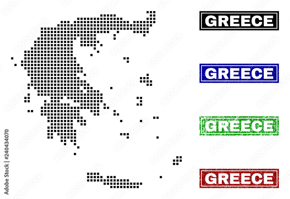 Fototapeta premium Vector dot abstract Greece map and isolated clean black, grunge red, blue, green stamp seals. Greece map title inside rough framed rectangles and with grunge rubber texture.