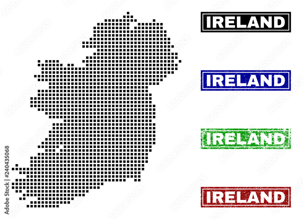 Dot vector abstracted Ireland Island map and isolated clean black, grunge red, blue, green stamp seals. Ireland Island map caption inside rough framed rectangles and with grunge rubber texture.