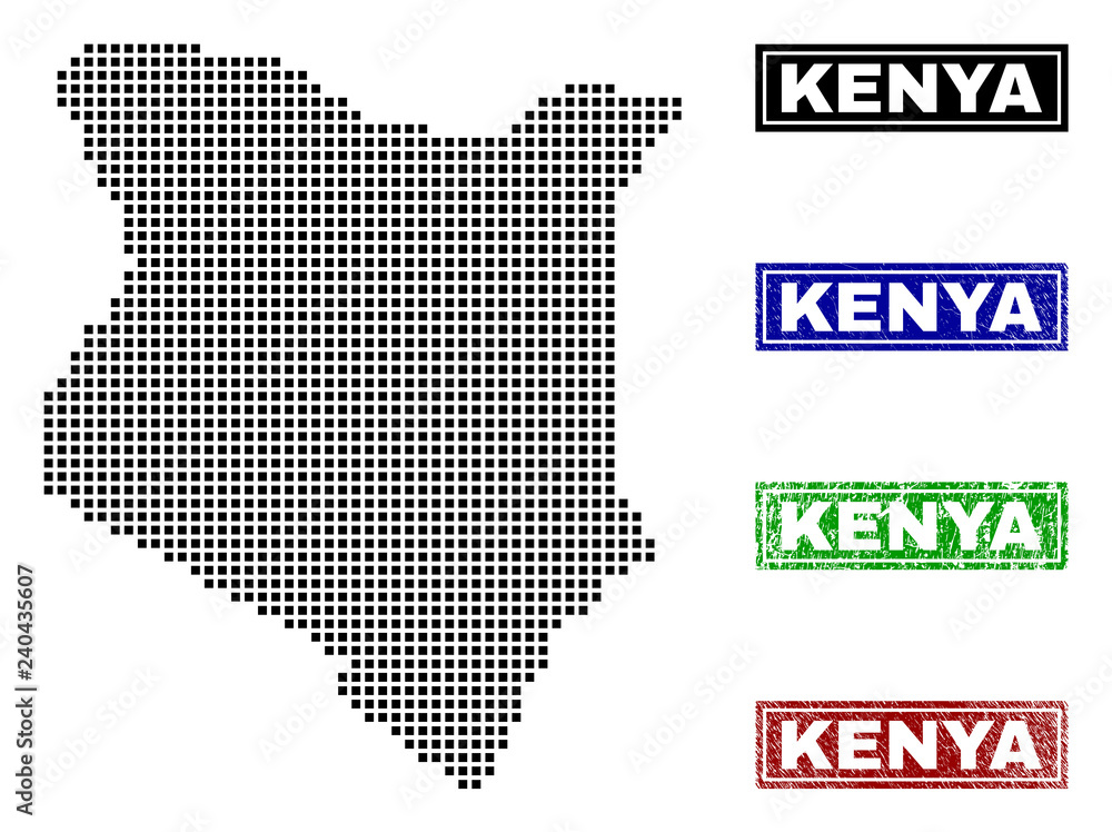 Vector dot abstract Kenya map and isolated clean black, grunge red, blue, green stamp seals. Kenya map tag inside rough framed rectangles and with grunge rubber texture.