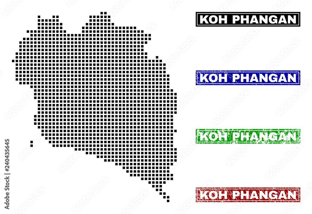 Dot vector abstracted Koh Phangan map and isolated clean black, grunge red, blue, green stamp seals. Koh Phangan map caption inside rough framed rectangles and with grunge rubber texture.