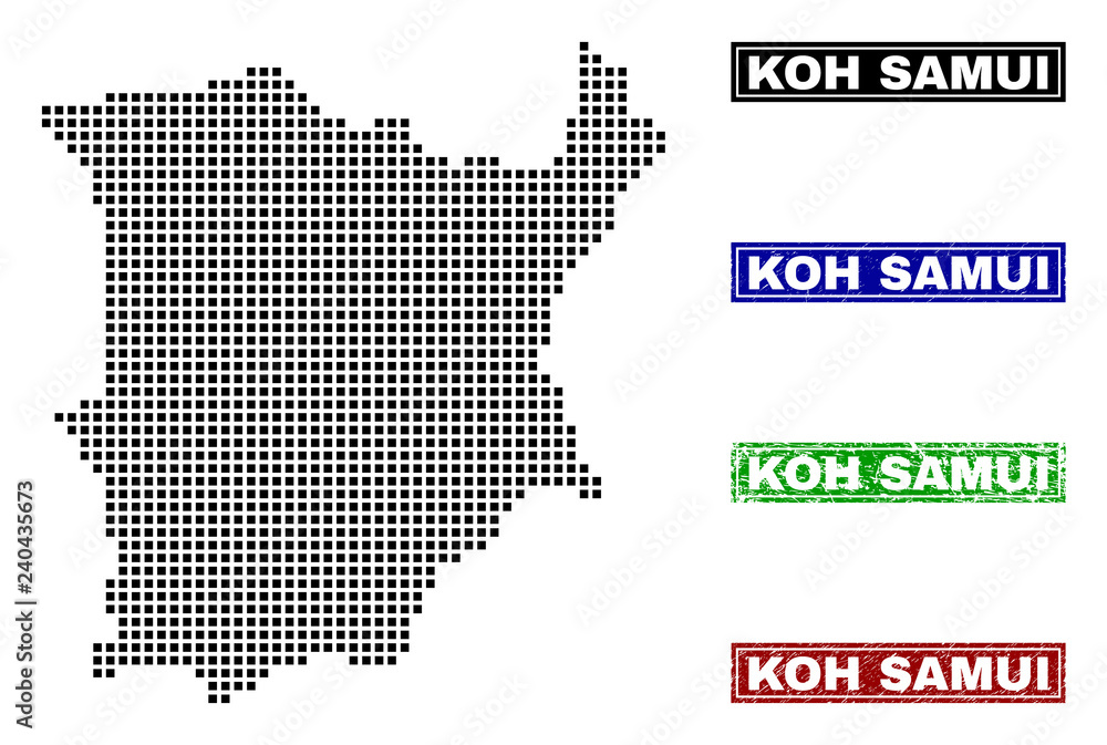 Vector dot abstract Koh Samui map and isolated clean black, grunge red, blue, green stamp seals. Koh Samui map name inside rough framed rectangles and with grunge rubber texture.