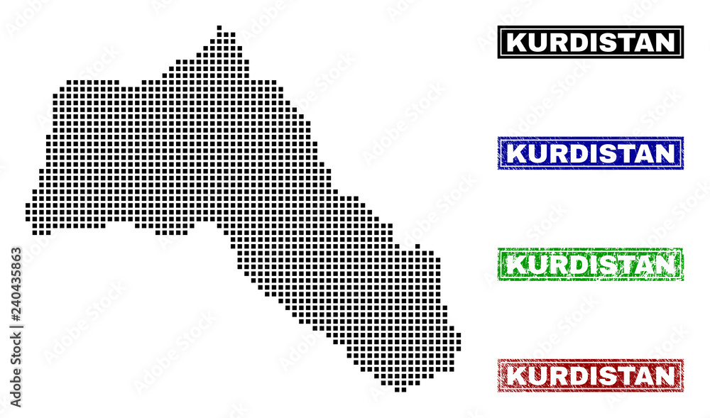Vector dot abstract Kurdistan map and isolated clean black, grunge red, blue, green stamp seals. Kurdistan map tag inside rough framed rectangles and with grunge rubber texture.