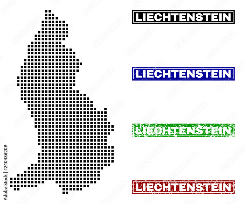 Dot vector abstracted Liechtenstein map and isolated clean black, grunge red, blue, green stamp seals. Liechtenstein map label inside rough framed rectangles and with grunge rubber texture.