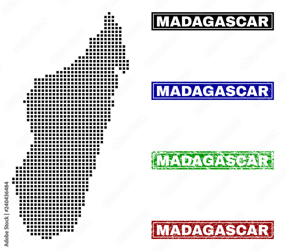 Vector dot abstracted Madagascar Island map and isolated clean black, grunge red, blue, green stamp seals. Madagascar Island map name inside rough framed rectangles and with corroded rubber texture.