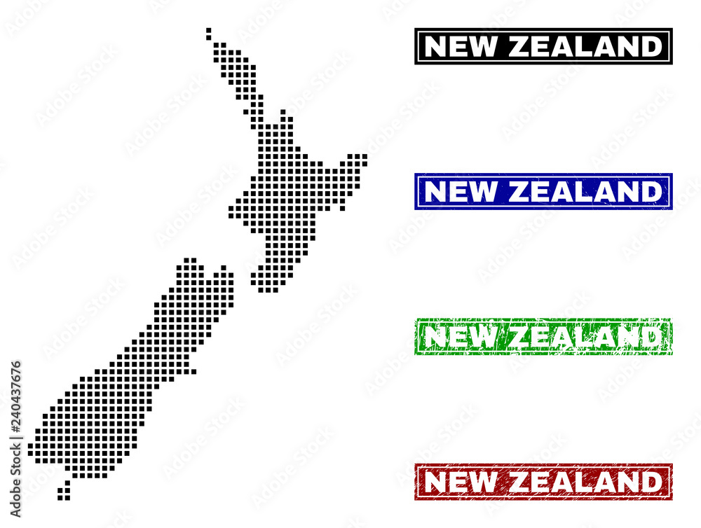 Vector dot abstract New Zealand map and isolated clean black, grunge red, blue, green stamp seals. New Zealand map title inside draft framed rectangles and with grunge rubber texture.
