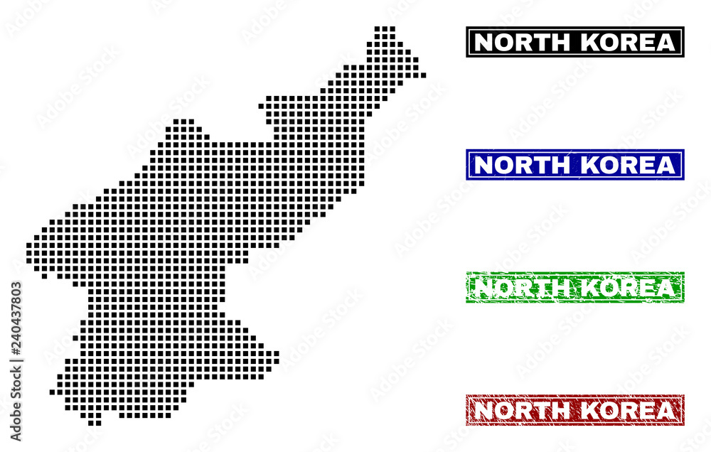 Obraz premium Dot vector abstracted North Korea map and isolated clean black, grunge red, blue, green stamp seals. North Korea map name inside rough framed rectangles and with grunge rubber texture.