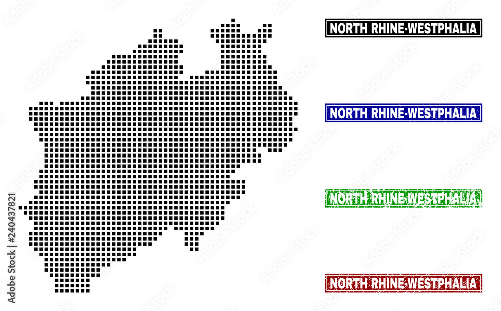 Dot vector abstracted North Rhine-Westphalia Land map and isolated clean black, grunge red, blue, green stamp seals.