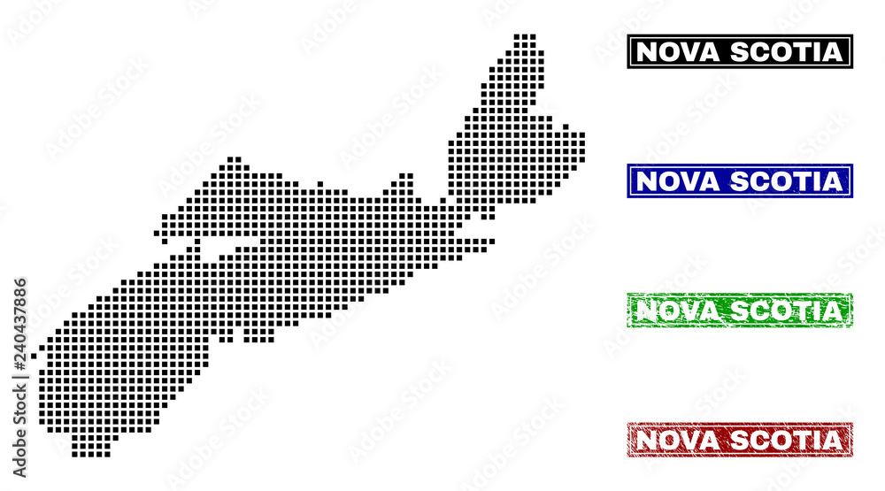 Obraz premium Dot vector abstract Nova Scotia Province map and isolated clean black, grunge red, blue, green stamp seals.