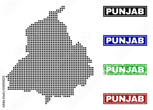 Dot vector abstract Punjab Province map and isolated clean black, grunge red, blue, green stamp seals. Punjab Province map title inside rough framed rectangles and with grunge rubber texture.