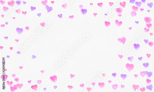 Heart shapes watercolor background. Romantic Confetti splash. Background with Heart Confetti. Falling red and pink paper hearts. Greeting wedding card. February 14. illustration.