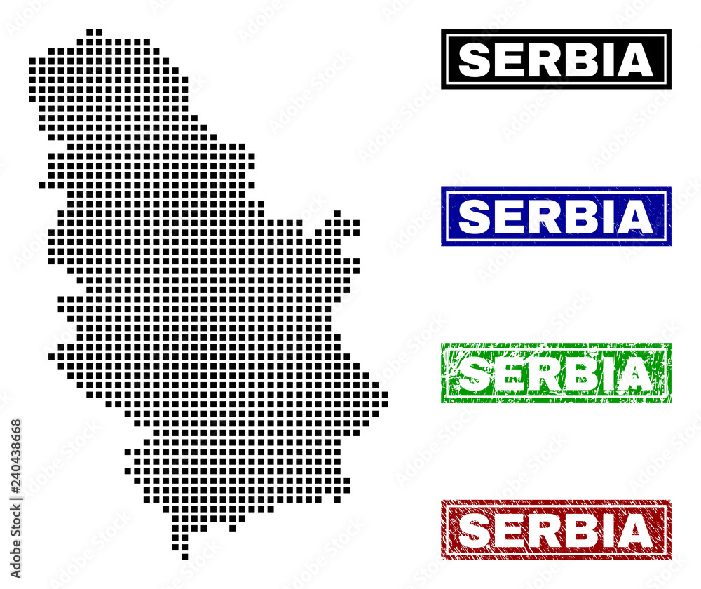 Vector dot abstract Serbia map and isolated clean black, grunge red, blue, green stamp seals. Serbia map label inside draft framed rectangles and with grunge rubber texture.