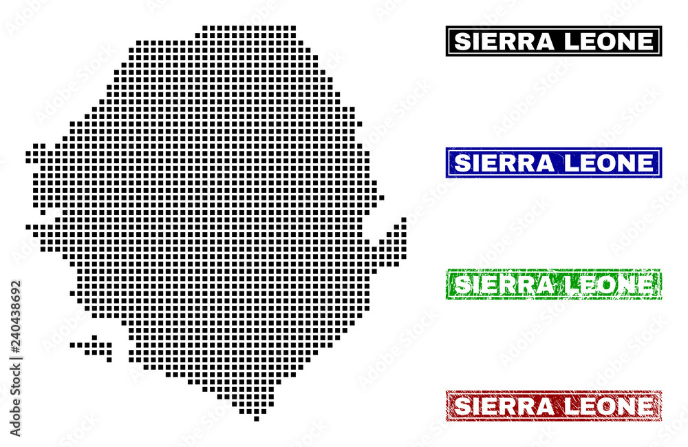 Vector dot abstract Sierra Leone map and isolated clean black, grunge red, blue, green stamp seals. Sierra Leone map label inside draft framed rectangles and with grunge rubber texture.
