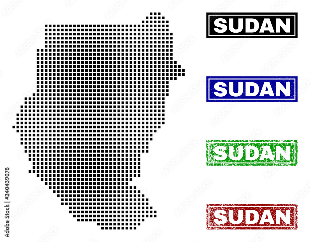 Dot vector abstract Sudan map and isolated clean black, grunge red, blue, green stamp seals. Sudan map caption inside rough framed rectangles and with grunge rubber texture.