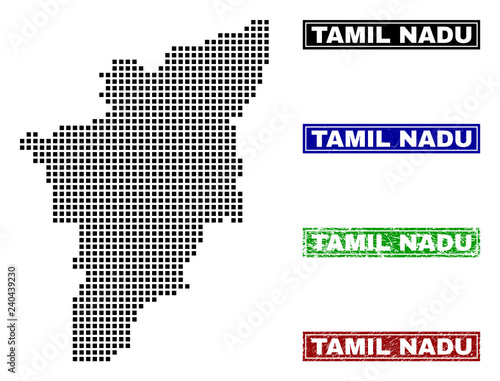Dot vector abstracted Tamil Nadu State map and isolated clean black, grunge red, blue, green stamp seals. Tamil Nadu State map name inside rough framed rectangles and with grunge rubber texture.
