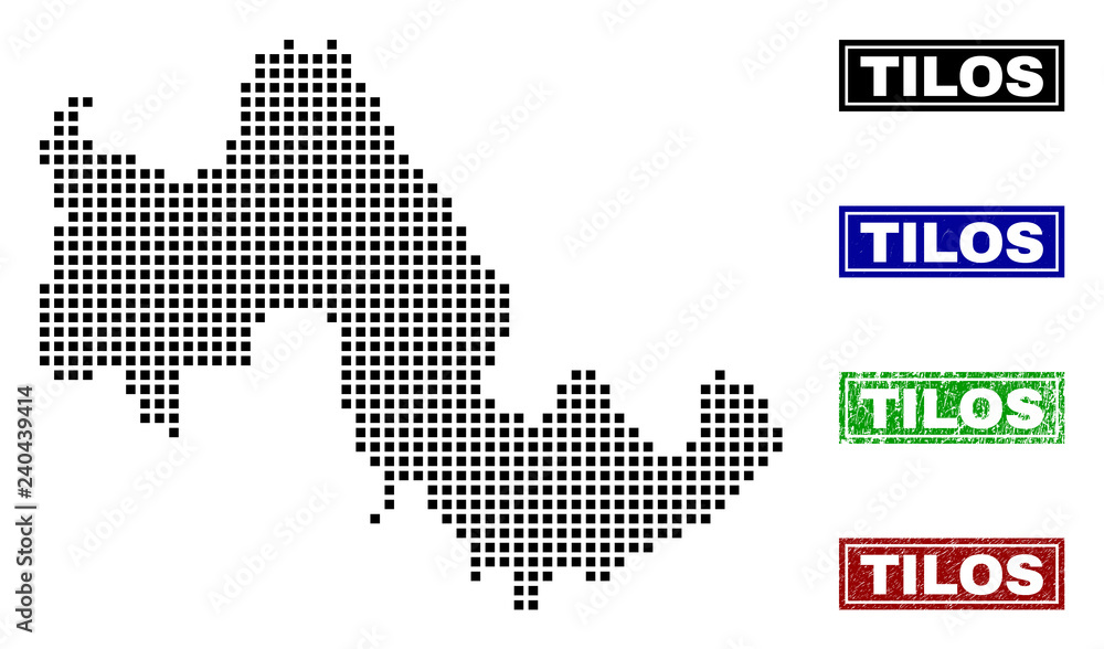 Dot vector abstract Tilos Island map and isolated clean black, grunge red, blue, green stamp seals. Tilos Island map title inside rough framed rectangles and with grunge rubber texture.