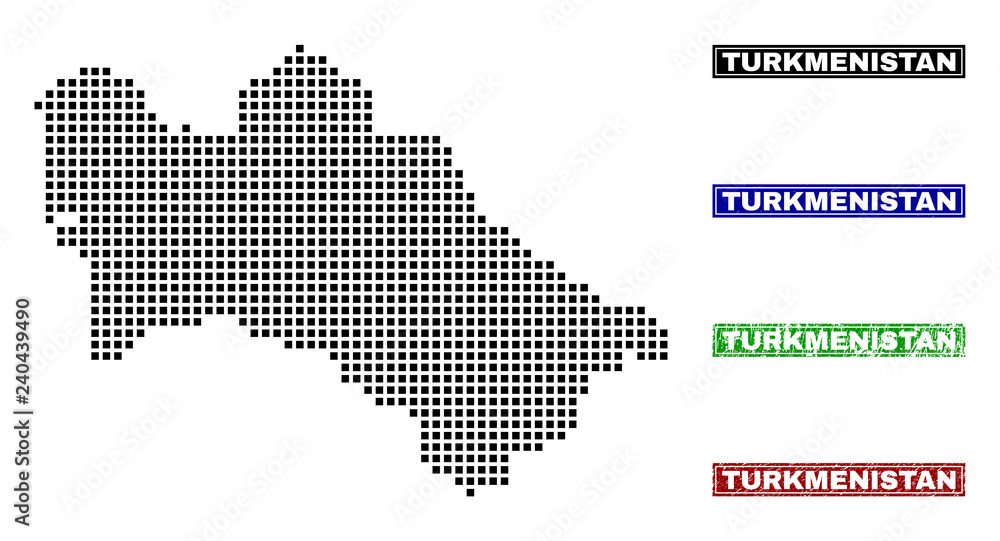 Dot vector abstracted Turkmenistan map and isolated clean black, grunge red, blue, green stamp seals. Turkmenistan map name inside rough framed rectangles and with grunge rubber texture.