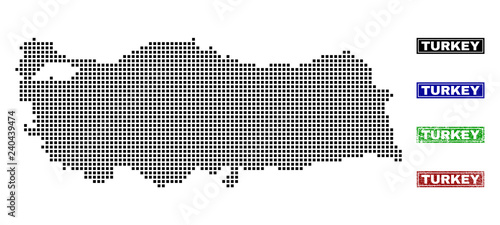 Dot vector abstracted Turkey map and isolated clean black, grunge red, blue, green stamp seals. Turkey map caption inside rough framed rectangles and with grunge rubber texture.