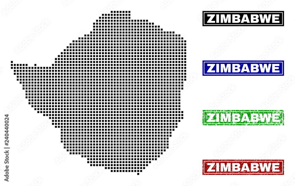 Vector dot abstracted Zimbabwe map and isolated clean black, grunge red, blue, green stamp seals. Zimbabwe map caption inside rough framed rectangles and with grunge rubber texture.