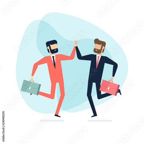 Two businessman jump to high five in the air.