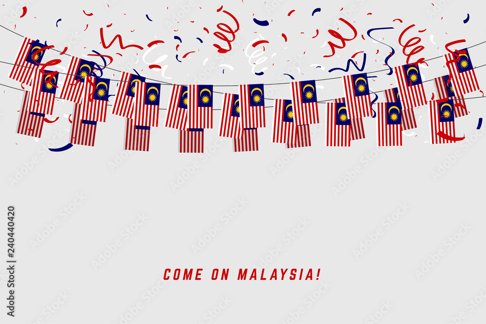 Obraz premium Malaysia garland flag with confetti on gray background, Hang bunting for Malaysia celebration template banner.