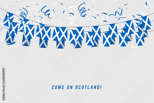 Scotland garland flag with confetti on gray background, Hang bunting for Scotland celebration template banner.