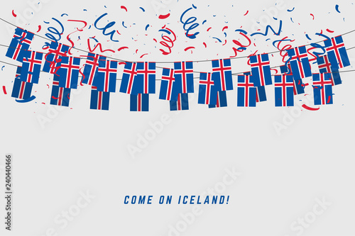 Iceland garland flag with confetti on gray background, Hang bunting for Iceland celebration template banner.