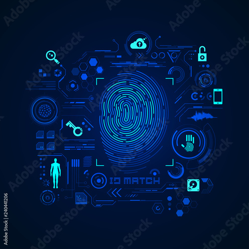 concept of cyber security or biometrics  graphic of futuristic fingerprint with digital technology icons