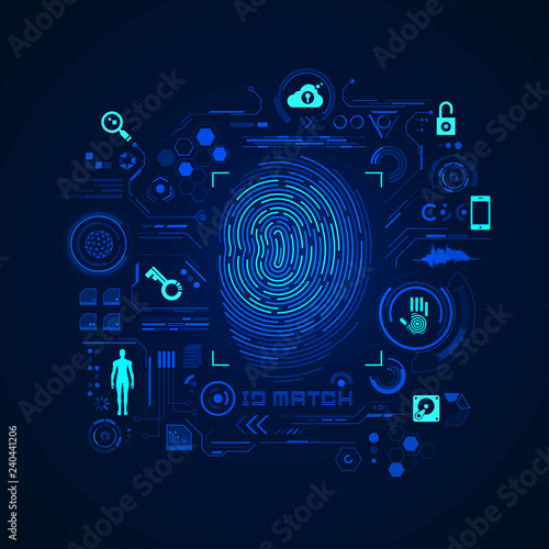 concept of cyber security or biometrics, graphic of futuristic fingerprint with digital technology icons